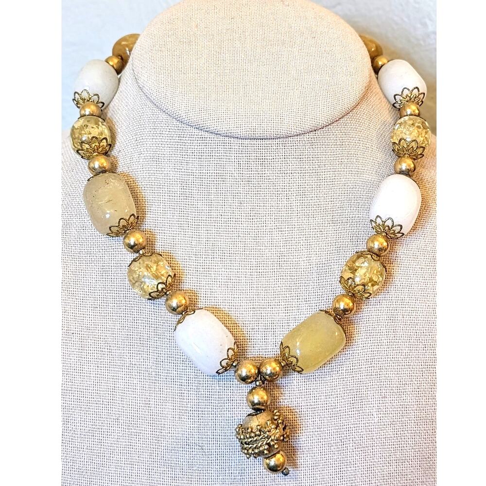 Vintage Gold Tone Glass Beaded Dangle 16" Necklace
